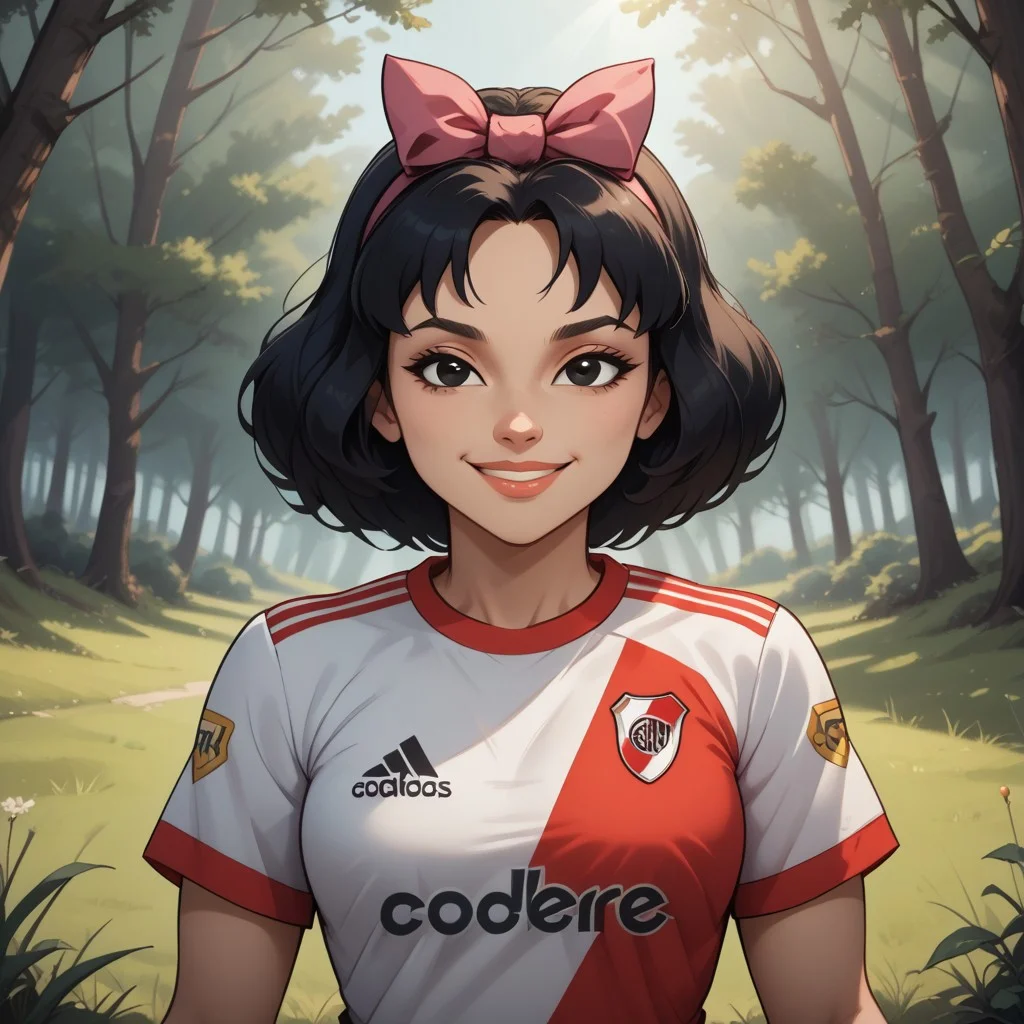 score_9, score_8, BREAK, solo, total drama, 1girl, black hair, white skin, pink hair bow, black eyes, lips, pointy nose, RiverPlate, striped shirt, striped, shirt, white shirt, short sleeves, clothes writing, sportswear, soccer uniform, Ella_(\Total_Drama\), tdpi, cute, sexy pose, self portrait, smile, looking at viewer, outdoors, sunlight, shadows, evening lighting, natural lighting, forest, trees, grass, orange sky, sunset