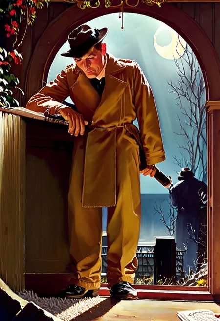 score_9, score_8_up, score_7_up, norman rockwell style, painting study by Norman Rockwell, 1950s style, 1930 clothing style, noir, high detail, cinematic lighting, retro aesthetic, illustration,
BREAK 2boys, detectives, young, old, suits, trench coats, hats,
BREAK 1boy, 30 years old, holding gun, Rust Cohle ,
BREAK 1boy, old, holding whiskey bottle, Rust Cohle,
BREAK full body shot, in a forest, moon in sky, moonlight beams going through the window,
BREAK detailed, different,( unique:0.9), cinematic, dramatic, concept art, filmic, detailed background, detailed settings, Eerie, unsettling, dark, spooky, suspenseful, grim, highly detailed
BREAK 1950s clothing style, illustration, norman rockwell style, easynegative, Expressiveh, pinup, carcosa city style, true detective style