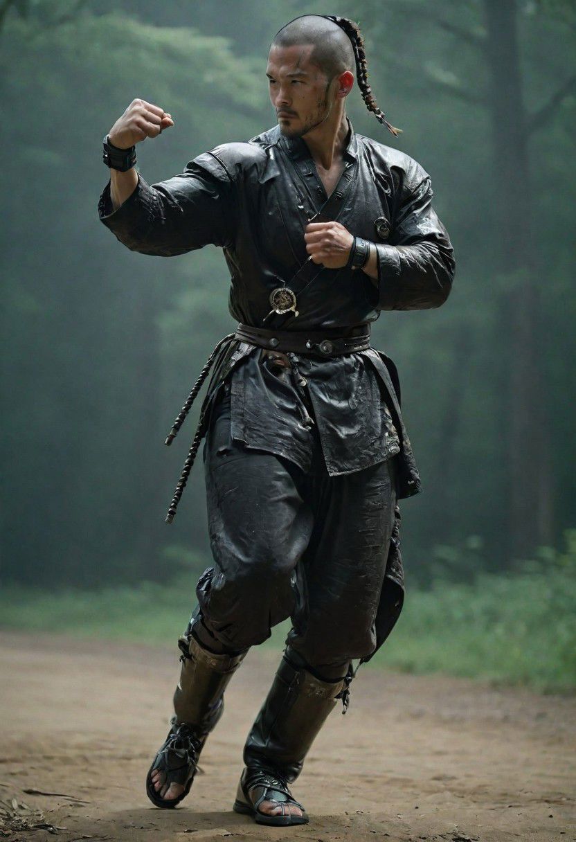 Cyborg in Drunken fist Style, Leaning Backwards, A feudal cyborg in drunken fist fight stance, leaning backwards, Perfect Hands,very detailed, atmospheric haze, Film grain, cinematic film still, shallow depth of field, highly detailed, high budget, cinemascope, moody, epic, OverallDetail, gorgeous, 2000s vintage RAW photo, photorealistic, candid camera, color graded cinematic, eye catchlights, atmospheric lighting, skin pores, imperfections, natural, shallow dof