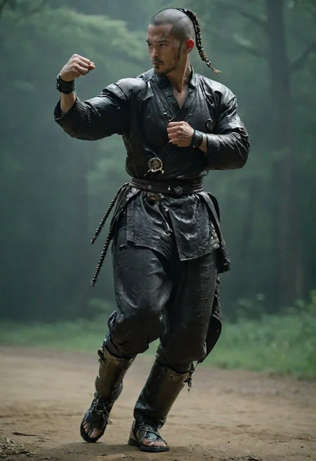 Cyborg in Drunken fist Style, Leaning Backwards, A feudal cyborg in drunken fist fight stance, leaning backwards, Perfect Hands,very detailed, atmospheric haze, Film grain, cinematic film still, shallow depth of field, highly detailed, high budget, cinemascope, moody, epic, OverallDetail, gorgeous, 2000s vintage RAW photo, photorealistic, candid camera, color graded cinematic, eye catchlights, atmospheric lighting, skin pores, imperfections, natural, shallow dof