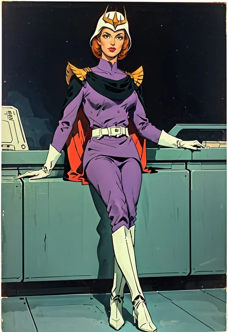 FGKycilia, 1girl, orange hair, no ears, black eyes, lipstick, solo, looking at viewer, purple military uniform, helmet, sword on hip, long sleeves, belt, cape, white gloves, pants, knee boots, sitting on a chair, crossed legs, right leg in the air, full body, spaceship interior, average