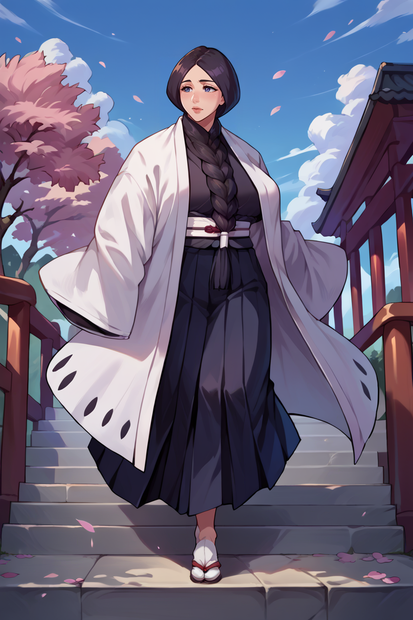 score_9, score_8_up, score_7_up, score_6_up, source_anime, BREAK 1girl, solo, mature female <lora:unohanaretsu-pdxl-nvwls-v1-000004:1> unohana retsu, single braid, white coat, black kimono, black skirt, hakama skirt, stairs, big breasts, walking, cherry blossoms, from side, blue sky, mountains