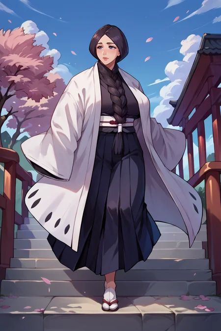score_9, score_8_up, score_7_up, score_6_up, source_anime, BREAK 1girl, solo, mature female <lora:unohanaretsu-pdxl-nvwls-v1-000004:1> unohana retsu, single braid, white coat, black kimono, black skirt, hakama skirt, stairs, big breasts, walking, cherry blossoms, from side, blue sky, mountains
