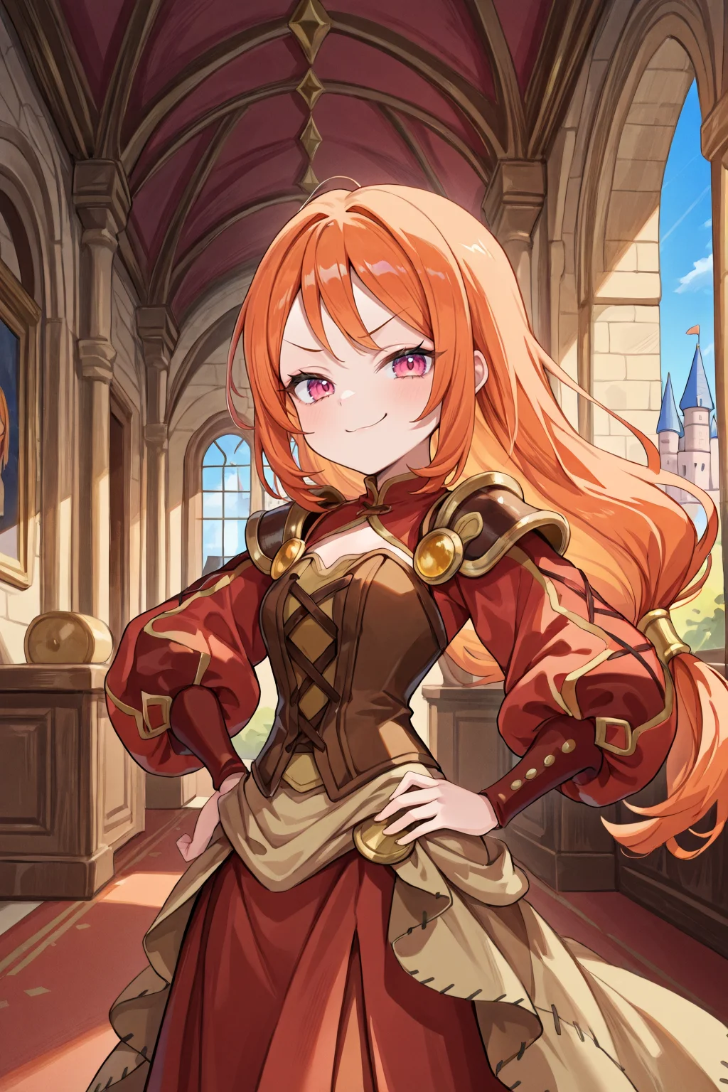 <lora:MonicaIL:0.8> , MoniDef, 1girl, pink eyes, long hair, orange hair, low-tied long hair, juliet sleeves, shoulder pads, patchwork clothes, layered dress, corset, brown corset, long skirt, red skirt, waist cape, beige waist cape, long sleeves, pantyhose, mary janes, black shoes, red sleeves, yellow juliet sleeves, looking at viewer, (cowboy shot), hand on hip, sassy, smug, interior, ramparts, castle, masterpiece, very aesthetic, absurdres, best quality, amazing quality, high resolution, detailed background, <lora:illustrious_quality_modifiers_masterpieces_v1:0.8> , <lora:ChamIllustriousBackgroundEnhancer:0.5>,