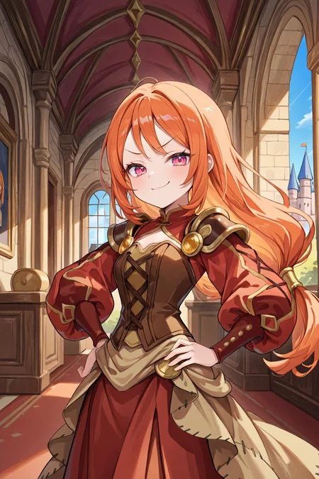 <lora:MonicaIL:0.8> , MoniDef, 1girl, pink eyes, long hair, orange hair, low-tied long hair, juliet sleeves, shoulder pads, patchwork clothes, layered dress, corset, brown corset, long skirt, red skirt, waist cape, beige waist cape, long sleeves, pantyhose, mary janes, black shoes, red sleeves, yellow juliet sleeves, looking at viewer, (cowboy shot), hand on hip, sassy, smug, interior, ramparts, castle, masterpiece, very aesthetic, absurdres, best quality, amazing quality, high resolution, detailed background, <lora:illustrious_quality_modifiers_masterpieces_v1:0.8> , <lora:ChamIllustriousBackgroundEnhancer:0.5>,