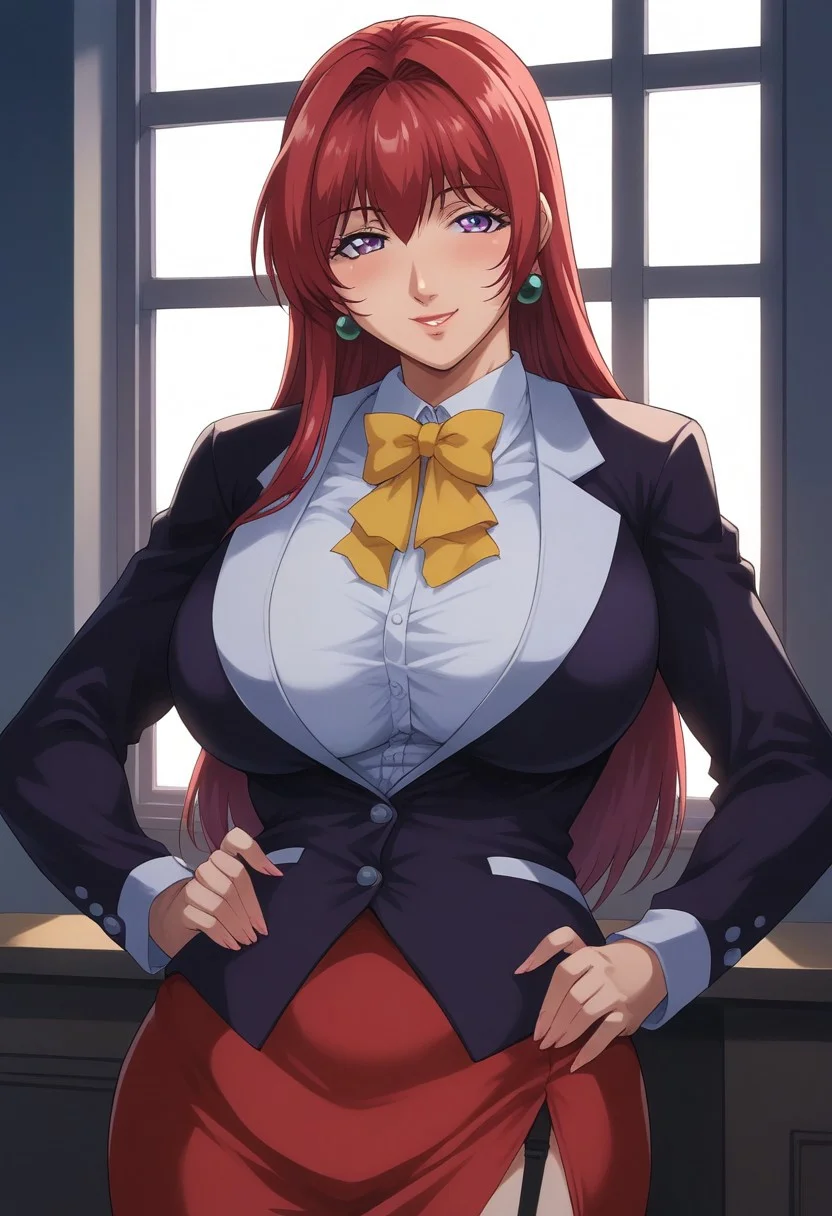 score_9, score_8_up, score_7_up, uncensored, source_anime, <lora:Viper_Risen-000014:1>, v1p3r1seV6,<lora:Takashiro Hiroko3216PDXL:0.9>,  BREAK, takashiro hiroko, 1girl, mature female, solo, hand on hip, holding book, cowboy shot, looking at viewer, smile, blush, purple eyes, long hair, red hair, earrings, teacher, blouse, bowtie, blazer, red skirt, taut skirt, black thighhighs, garter straps, yellow bowtie, curvy, big breasts, school, window, sky, sunlight, city, complex background, sunset