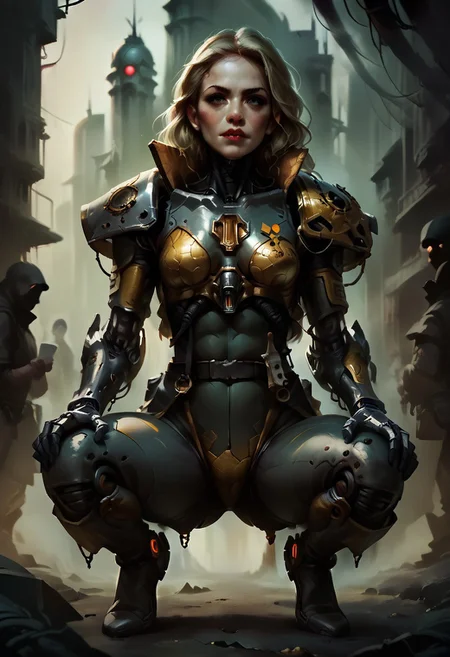 score_9, score_8_up, score_7_up, score_6_up, source_anime, w4rh4mm3r style oil painting, grimdark, petite skinny blonde woman, wearing tight (stealth) body suit with hexagonal pattern, cybernetic arms, crouched on the top of a building overlooking a ruined city, concept art, realistic, dark theme, low light