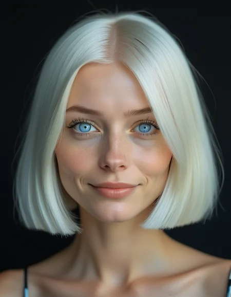2d, A portrait of a woman with a sleek, straight bob in platinum blonde, her pale blue eyes filled with curiosity, and a subtle, playful smile on her lips., highly detailed, Hyperdetailed, hard light, Acid colors, sad atmosphere <lora:usual-portrait-v2:.9>