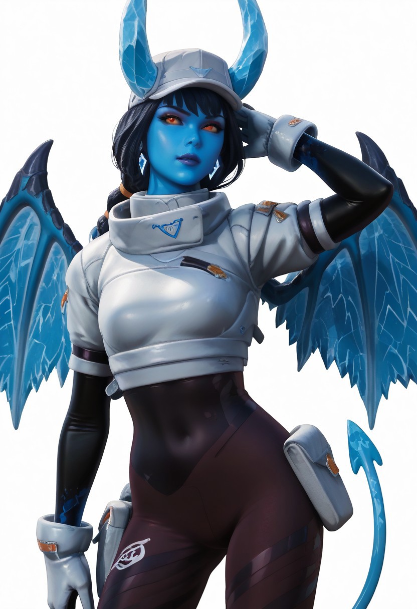 score_9, score_8_up, score_7_up, easynegative, realistic style, symphtia-style, dim lighting, detailed face, 1girl, shiver, (cute), petite, medium breast, blue skin, wings, horns, tail, hat, clothed, white background, empty void, (cowboy shot: 1.5), looking at view, one hand on hip, one hand behind head,