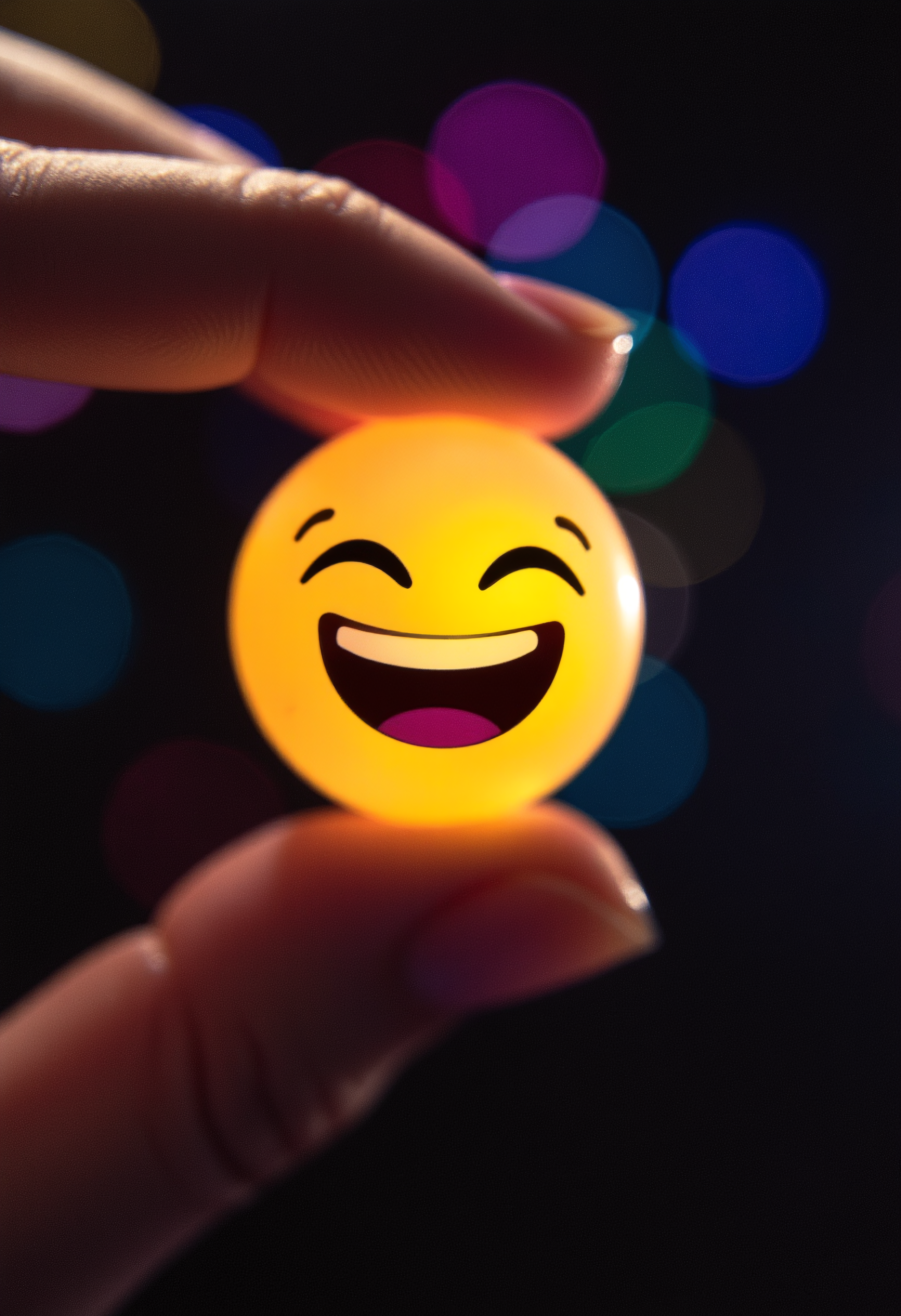 An extreme closeup of a laughing emoji held between two fingers, black emoji bokeh background, vibrant glow,