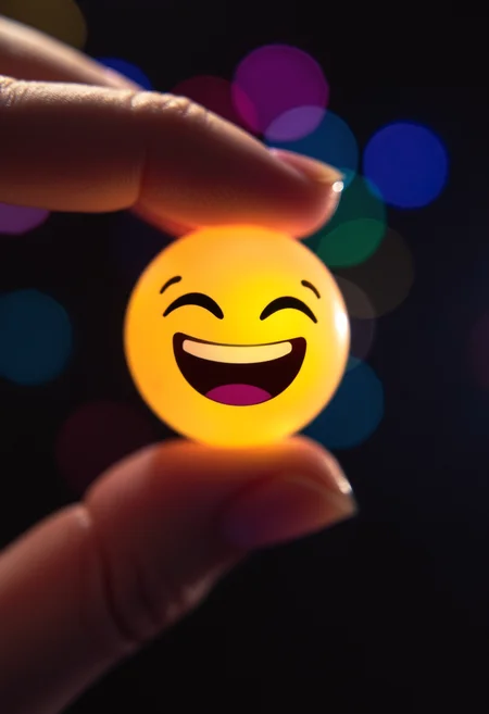 An extreme closeup of a laughing emoji held between two fingers, black emoji bokeh background, vibrant glow,