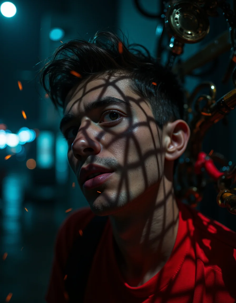 A close-up portrait with shadows cast across the face, standing in a moody, cinematic environment. The lighting is solely focused on the subject, filtered through a grid, creating intricate, patterned shadows. the rest of the scene fades into darkness. Neon glows, sparks, suspension, and sci-fi elements enhance the scene, with complex details throughout. The subjectâs expression is a madness and rage, amplifying the unsettling contrast with the dark, futuristic setting. The shallow depth of field, along with bokeh and film grain effects, heightens the high-budget, dramatic atmosphere. The mix of motion blur and sharp focus highlights the futuristic textures, while the overall aesthetic blends intricate, surreal design with a grainy, cinematic quality.