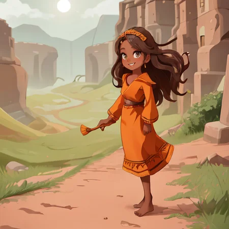 female, age 25, african american, bronze skin,  honey eyes, long wavy hair, wild hair, high cheek bones, round face, cute, highly detailed, sharp focus, stunningly beautiful, looking at camera, smile, sultry look, makeup, full body, barefoot, mountains in background <lora:the_journey_game_style_v1-000029:1> the journey game style