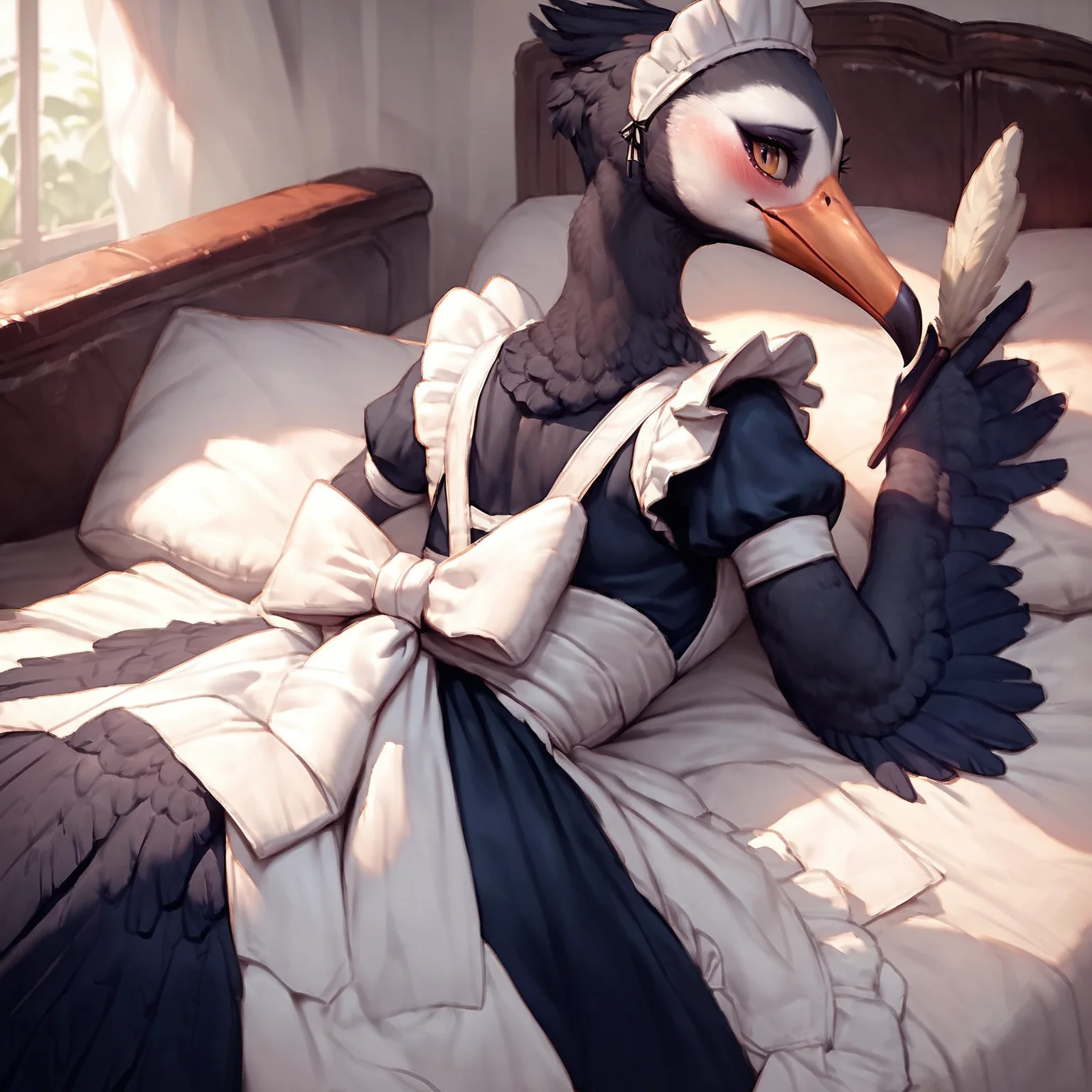 score_9, score_8_up, score_7_up, score_6_up, score_5_up, score_4_up,anthro, stork, maid uniform, winged arms, holding a feather duster, blush, beak jewelry, black feathers, inside a room, from behind, laying in bed,<lora:Anthro_birds-000018:0.8>