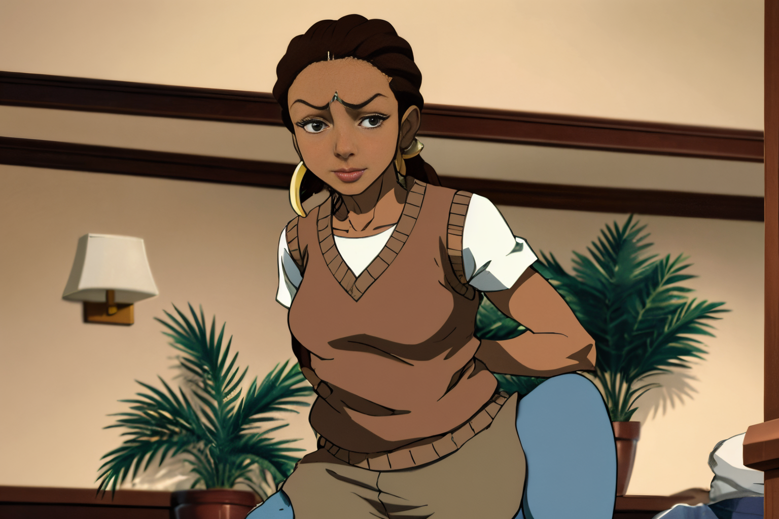 Gujaratis (India) 44 years old woman Brown High Ponytail, in the Bathroom, Kneeling on both knees with arms extended forward, Sweater vest with wide-leg pants, EdobBoondocksArtStyle  <lora:EdobBoondocksArtStyle_v2.0:0.8>