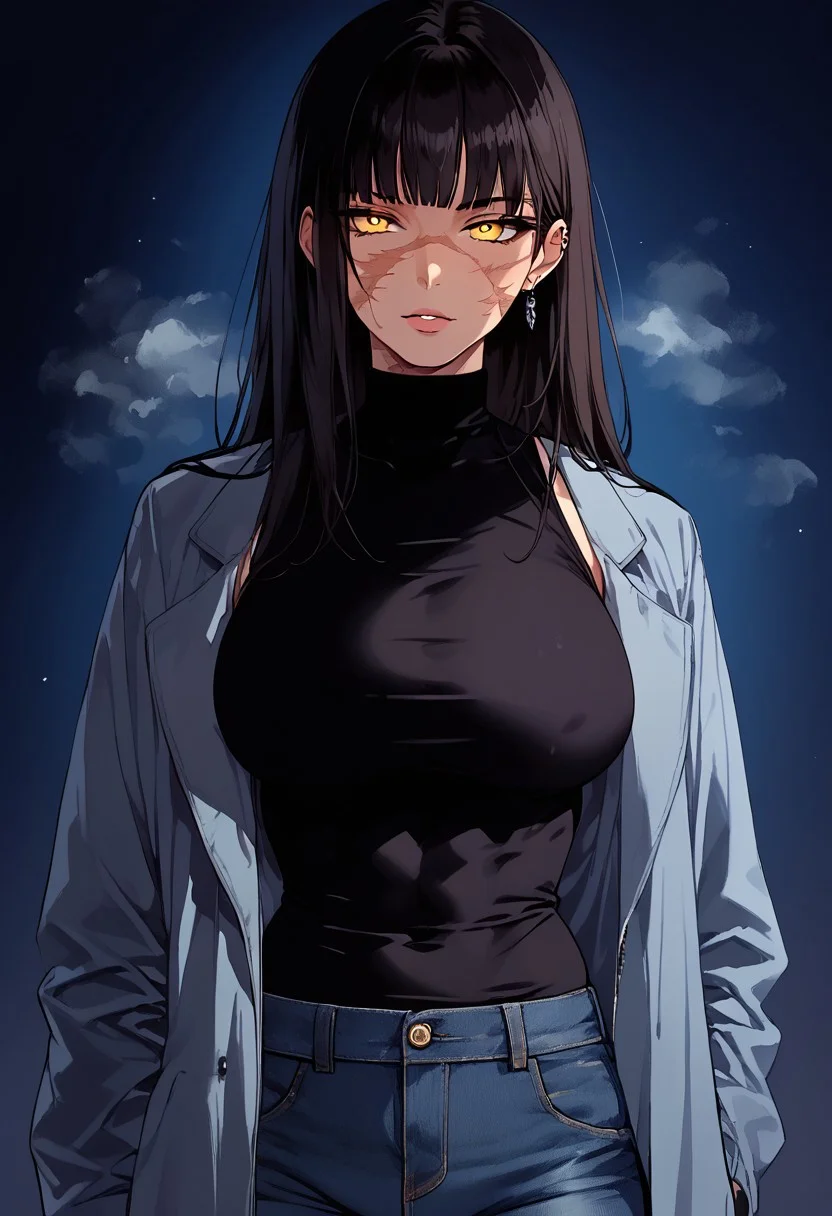 (masterpiece, best quality, highres),finely detail,((SOLO)), score_9, score_8_up, score_7_up, score_6_up, score_5_up, sinozick style, flat color, dark theme, ((SOLO)), ((1girl)), (black hair), (long hair), detailed yellow eyes, ((big breasts)), feminine body, muscular body, muscular, black tank top, black big jacket, large scars on face, large scars on body, show belly, ear piercing, wear jeans, looking at viewer, Expressiveh, (((adult))), m31d0n0, stand proudly, thick fog background, cowboy shot,