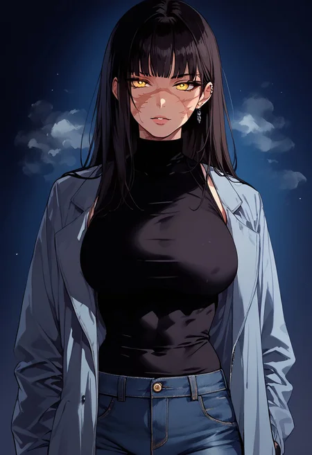 (masterpiece, best quality, highres),finely detail,((SOLO)), score_9, score_8_up, score_7_up, score_6_up, score_5_up, sinozick style, flat color, dark theme, ((SOLO)), ((1girl)), (black hair), (long hair), detailed yellow eyes, ((big breasts)), feminine body, muscular body, muscular, black tank top, black big jacket, large scars on face, large scars on body, show belly, ear piercing, wear jeans, looking at viewer, Expressiveh, (((adult))), m31d0n0, stand proudly, thick fog background, cowboy shot,