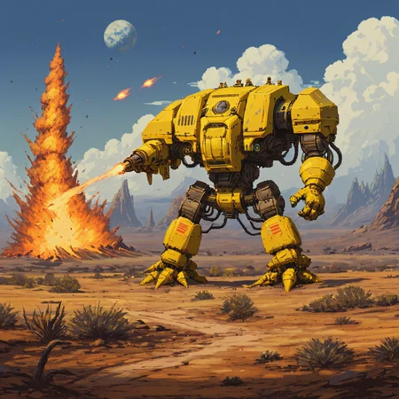 a four meter tall yellow drdnght machine with rocket launcher and flamethrower walks across an alien battlefield searching for enemies, rockets streak across the sky and explode into the landscape,