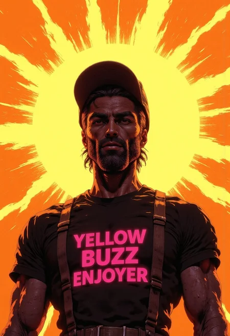 The image is an illustration featuring a constructor worker dude with a pale skin tone and beard. He has a short-length, wavy brown hairstyle , styled. He is wearing a black t-shirt and baseball cap that accentuates his working hard attitude with the text "Yellow Buzz Enjoyer" in magenta the lighting is dramatic and striking as he is backlit by sun rising rays, a glowing chromatic outline around his visage indicate his power.CAICO