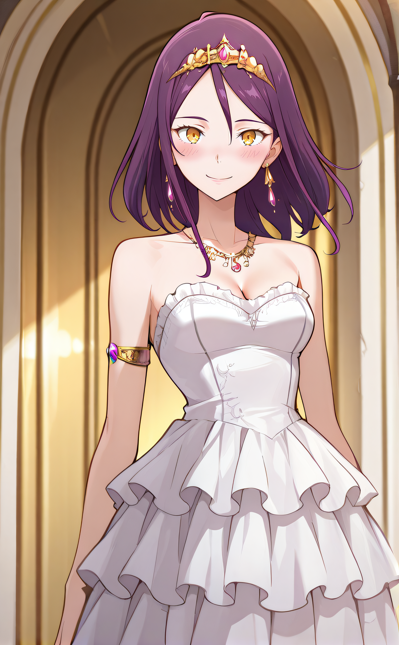 masterpiece, best quality, highres, newest, 1girl, solo, official style, <lora:Ryfia:1>, ryfia, purple hair, yellow eyes, tiara, earrings, necklace, armlet, strapless dress, sleeveless, frilled dress, cowboy shot, indoor, blush, looking at viewer, smile