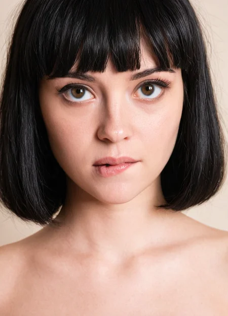 1girl, french girl, realistic, bitinglip, portrait, black hair, blunt bangs, soft lighting, looking at viewer, emotional expression <lora:biting_lip:1.0000000000000002>