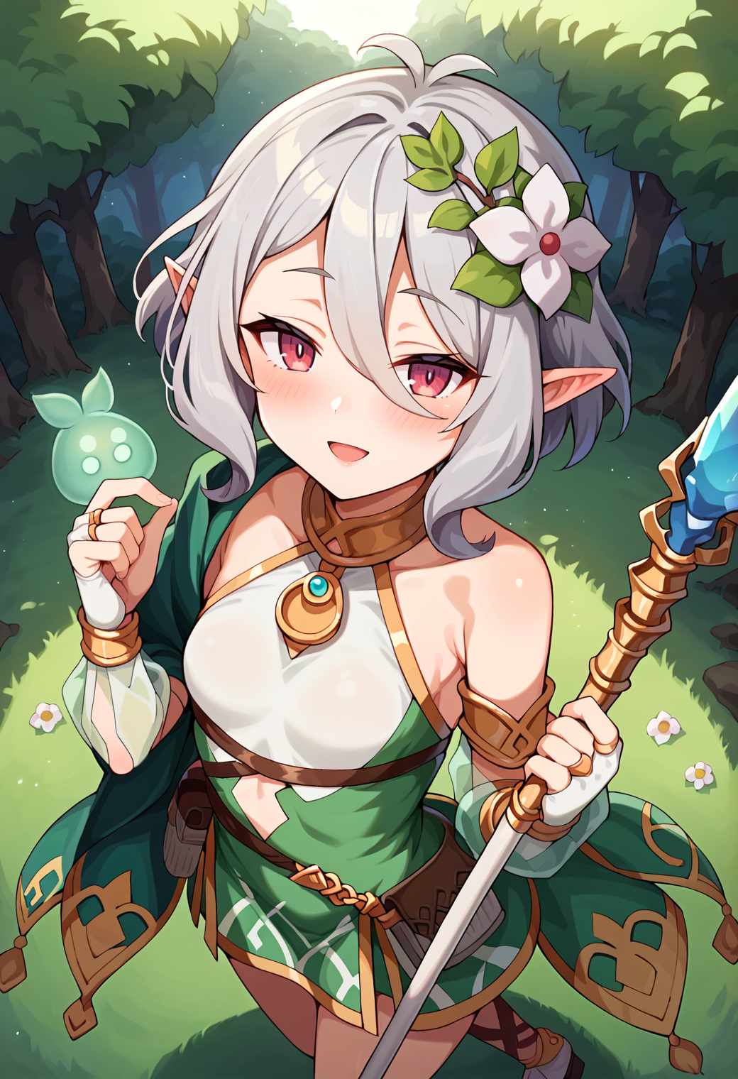 score_9, score_7_up, hd, (ultra hd quality details), source_anime, forest, night, green hitodama,
solo, 1girl, pcrkok, grey hair, elf, antenna hair,
kokdef, hair flower, white flower, green robe, two-tone dress, green dress, white dress, sleeveless, detached sleeves, see-through sleeves, bridal gauntlets,
looking at viewer, blush, smile, half-closed eyes, open mouth, 
standing, from above,
holding polearm, spear,
<lora:_kokkoro-elesico-ponyr2:0.9>