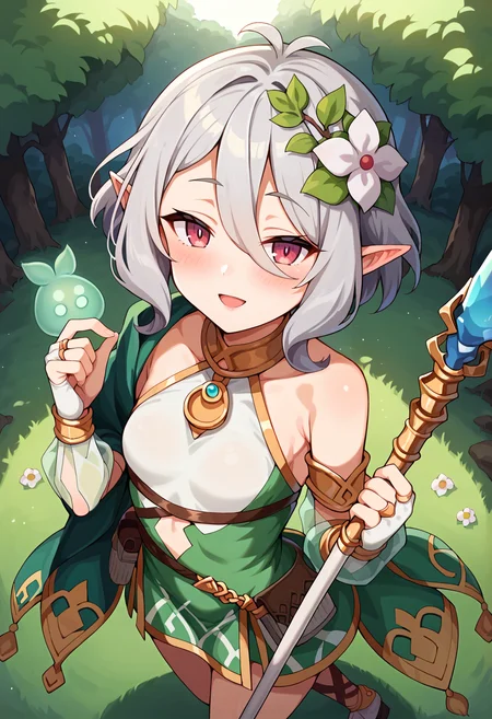 score_9, score_7_up, hd, (ultra hd quality details), source_anime, forest, night, green hitodama,
solo, 1girl, pcrkok, grey hair, elf, antenna hair,
kokdef, hair flower, white flower, green robe, two-tone dress, green dress, white dress, sleeveless, detached sleeves, see-through sleeves, bridal gauntlets,
looking at viewer, blush, smile, half-closed eyes, open mouth,
standing, from above,
holding polearm, spear,
<lora:_kokkoro-elesico-ponyr2:0.9>