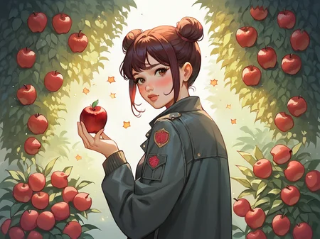 source_anime, score_9, score_8_up, score_7_up, score_6_up, score_5_up, <lora:t0sh14XLP:1> t0sh14, plant, apple, red flower, jacket, double bun, blush,