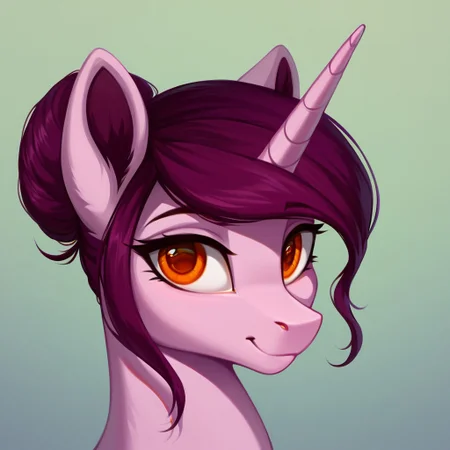 masterpiece, score_9, score_8_up, score_7_up, (best quality:1.1), ultra-detailed, high resolution, 1character, solo, Rosa Maledicta, unicorn, feral, female, mare, (((beautiful detailed orange eyes))), long eyelashes, eyebrows, fluffy pony ears, horn, pink skin, smile, closed mouth, looking at the viewer, dark purple mane, hair bun, purple hair tips, highly Visible, sharp focus, perfect lighting, shadow, anatomically correct, extremely detailed, high detail, portrait, expressiveh, simple background