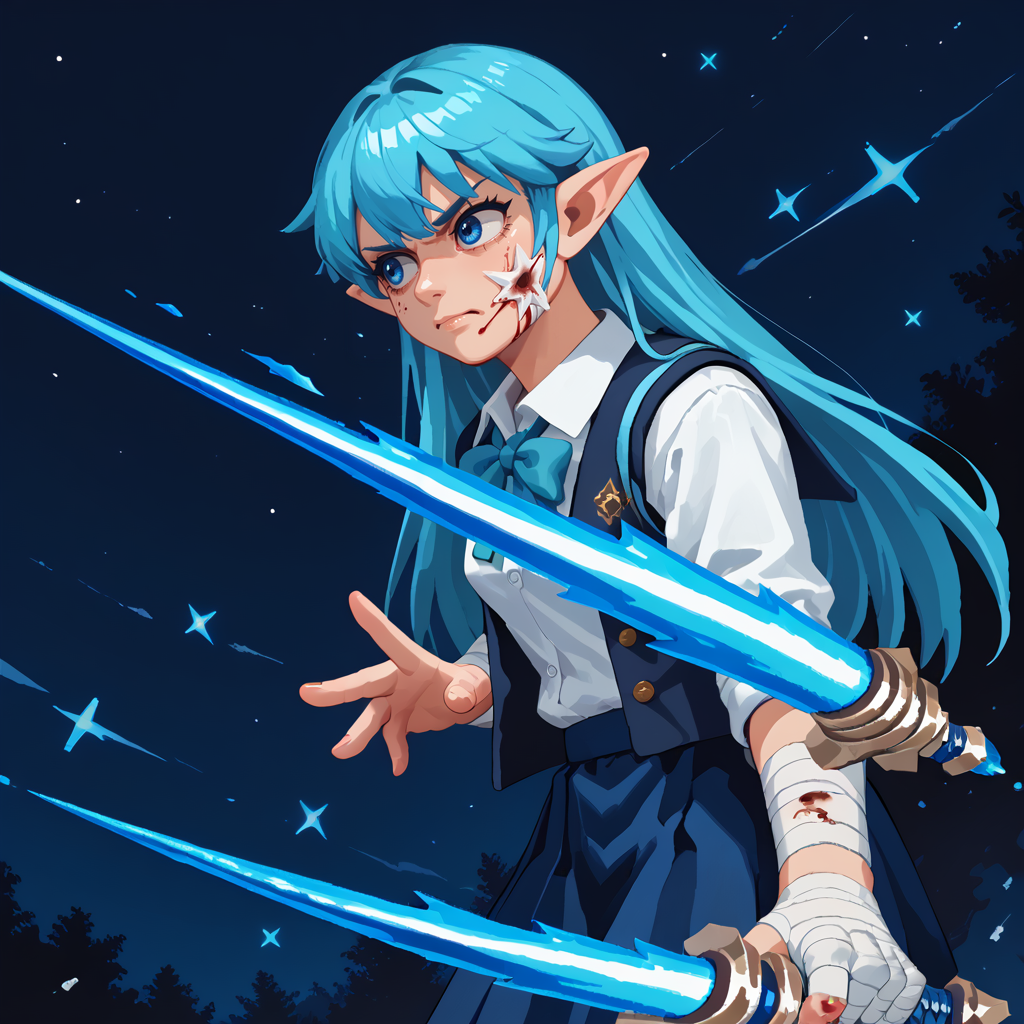 <lora:Expressive_H:0.4> Expressiveh, <lora:taoistp-v1-19:0.9> sktaoistp, 1girl, solo, long aqua hair, blue eyes, pointy ears, school uniform, white shirt, blue skirt, open jacket, annoyed, night, holding sword, energy sword, star \(sky\), attack, (torn clothes), blue fire, blood on face, blood on clothes, horror \(theme\), bandaged hand, from side, dutch angle,, score_9, score_8_up, score_7_up, score_6_up, score_5_up, score_4_up