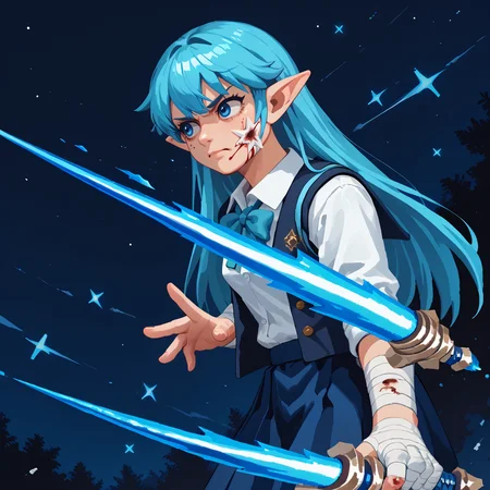 <lora:Expressive_H:0.4> Expressiveh, <lora:taoistp-v1-19:0.9> sktaoistp, 1girl, solo, long aqua hair, blue eyes, pointy ears, school uniform, white shirt, blue skirt, open jacket, annoyed, night, holding sword, energy sword, star \(sky\), attack, (torn clothes), blue fire, blood on face, blood on clothes, horror \(theme\), bandaged hand, from side, dutch angle,, score_9, score_8_up, score_7_up, score_6_up, score_5_up, score_4_up