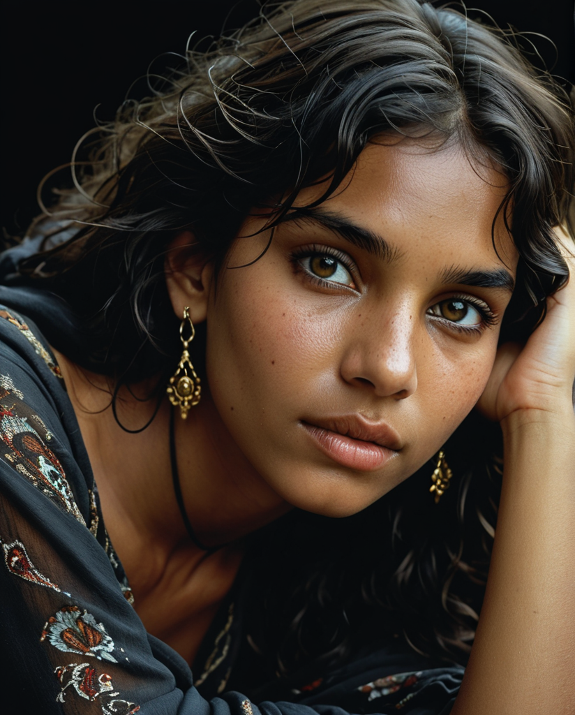 Portrait of a gypsy girl, lying on the ground, profile, wavy black hair, loose and messy hair, strands on her face, hyper-detailed black eyes, direct gaze, dark skin, straight nose, full lips, (mouth ajar: 1.5 ), (smile:1), long face, black scarf around the neck, earrings, fashion style, (Steve McCurry, Herb Ritts, Mario Sorrenti), jasmine, musk, sensuality, earthy tones, black background, studio posture, light side, high contrast, photo quality, 4K