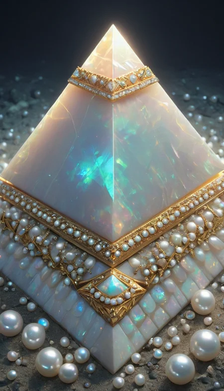 OpalPearl, glamourous, angle from above of a Great Pyramid of Giza of Macabre, wearing opal and pearl, its opal and pearl has a large dark yellow bows, soft focus, Light, artstation