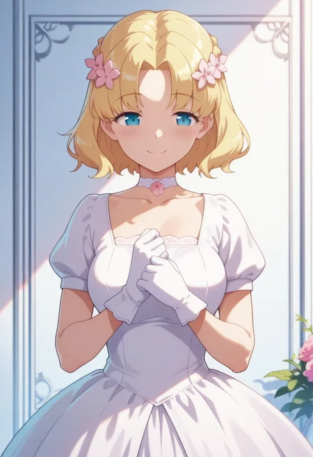 masterpiece,best quality,amazing quality, maria campbell, blonde hair, short hair, blue eyes, 1girl, flower, solo, hair flower, smile, hair ornament, gloves, dress, white gloves, white dress, choker, short sleeves