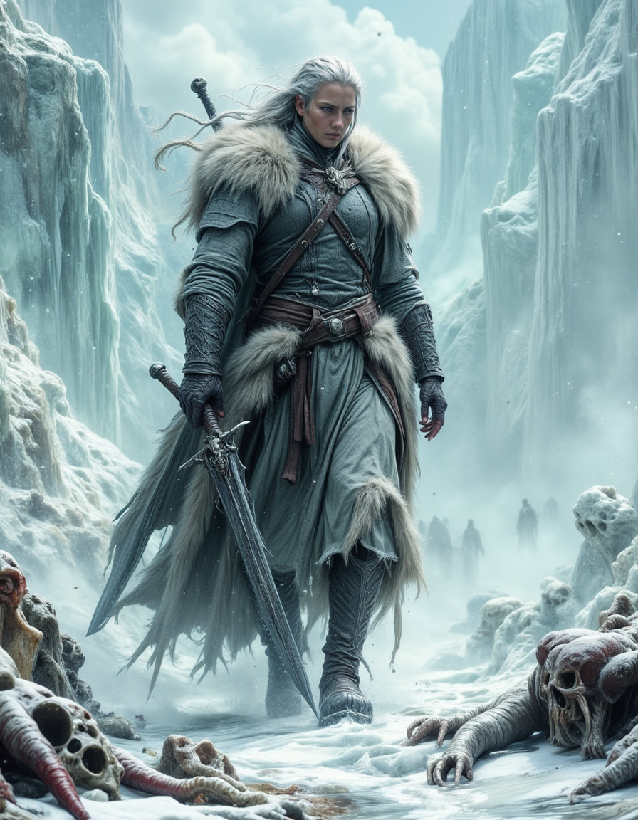 The Frostbound Valkyrie of the Ice Wastes A fearsome warrior, her long silver hair frozen with frost, strides across a battlefield of shattered ice, her fur-lined armor streaked with dried blood from an eternal war. A massive, rune-inscribed greatsword, chipped but unbroken, rests upon her shoulder as she surveys the battlefield littered with the remains of fallen warriors. Her scarred face, hardened by countless battles, carries the weight of duty and the burden of choosing which souls are worthy of Valhalla. The wind howls through the jagged ice cliffs, carrying the distant sound of war horns echoing from beyond the frozen peaks. Snow flurries whip around her, yet she stands firm, unyielding against the storm. The atmosphere is cold, brutal, and legendary, capturing the moment before she charges into battle once more.
<lora:dark-fantasy-flux:1>