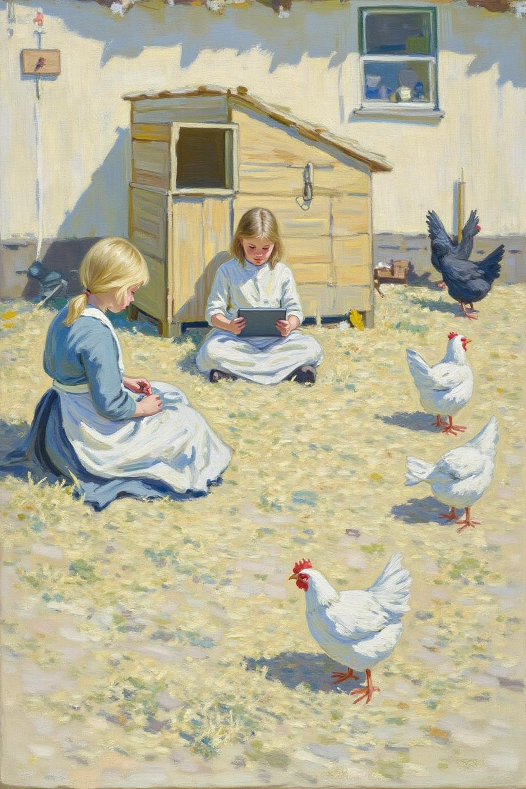 helenmcnicoll2 painting.
A sunny farmyard filled with chickens roaming on straw-covered ground.
In the foreground, two children are the central focus, sitting on the ground beside a chicken coop. The girl on the left, with her back to the viewer, has blonde hair and wears a blue dress with a white apron.
The girl in the center sits cross-legged, reading a tablet she holds on her lap.
 <lora:helenmcnicoll2_cap_d6a3:1.0><lora:838471367008467874:0>