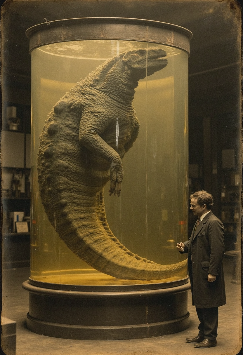 antique photograph of wet sample of a giant loch ness monster floating in a giant cylindrical glass vat with yellowish liquid. A scientist in a labcoat is standing before it, looking very small in comparison. Very decomposed, flaky grey skin. Very detailed, creepy atmosphere, dim light in an 1900 warehouse, analogue film grain, sepia tint, vignettes <lora:wet_sample-000129:1>