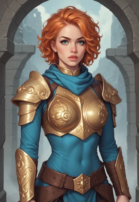 safe_pos, score_9, score_8_up, score_7_up, score_6_up, fearless warrior, intricate golden armor, mythical, flowing ginger hair, hyper-realistic, epic angle, dramatic lighting, wielding a legendary flaming sword, powerful physique, fierce expression, piercing emerald eyes, ready for battle
BREAK
standing atop a ancient stone fortress
BREAK
source_action_art, rating_explicit, awe-inspiring, upper body, dynamic pose, powerful stance
BREAK
highly detailed environment, crumbling stone walls, distant mountain range, stormy skies, flickering torches, battle-ready ambiance