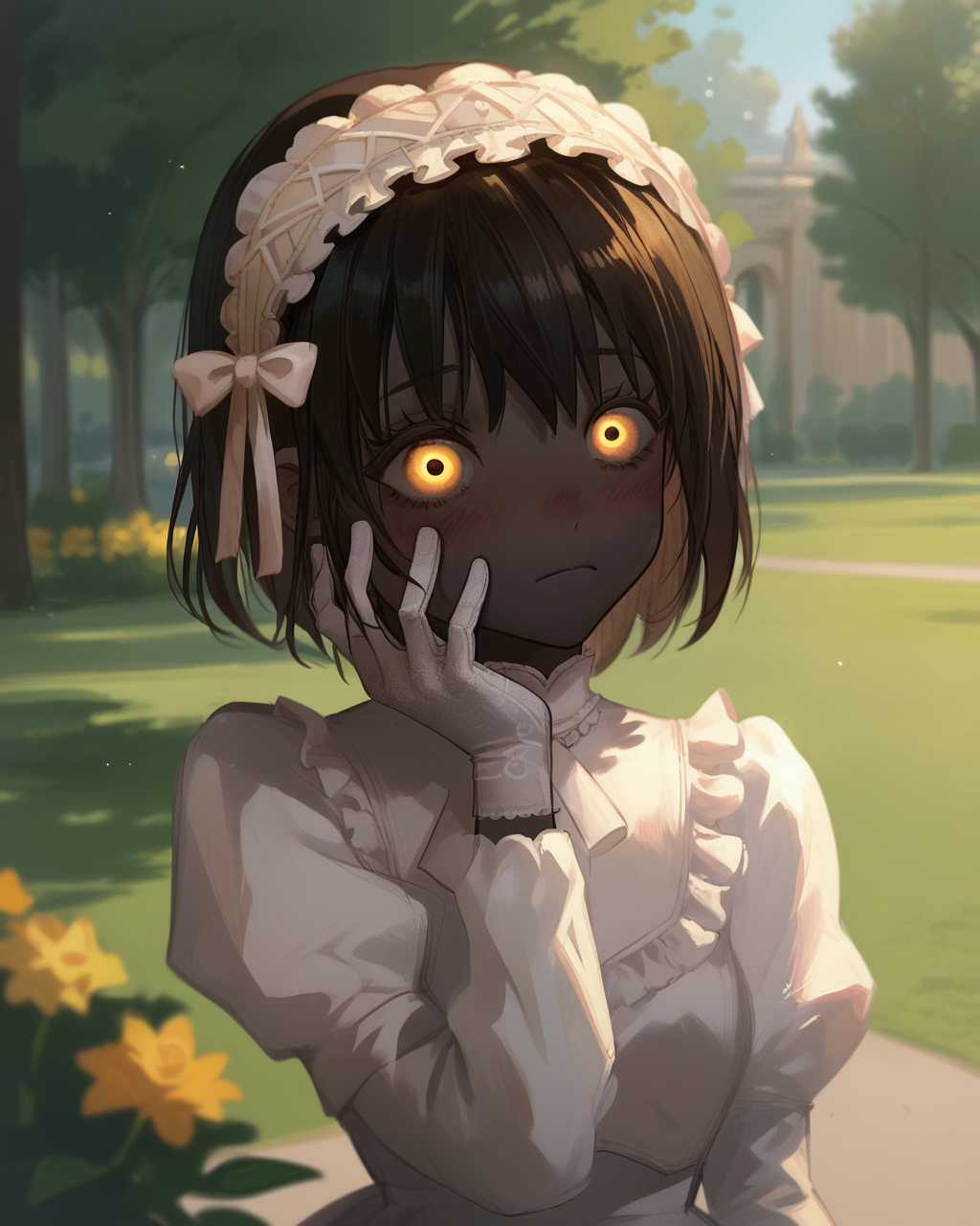 score_9, score_8_up, score_7_up, park, 1girl, dress,  eveyuno, upper body, blurred background,  gloves, hand on face, blush, yellow eyes, black skin, <lora:eveyuno:0.8>