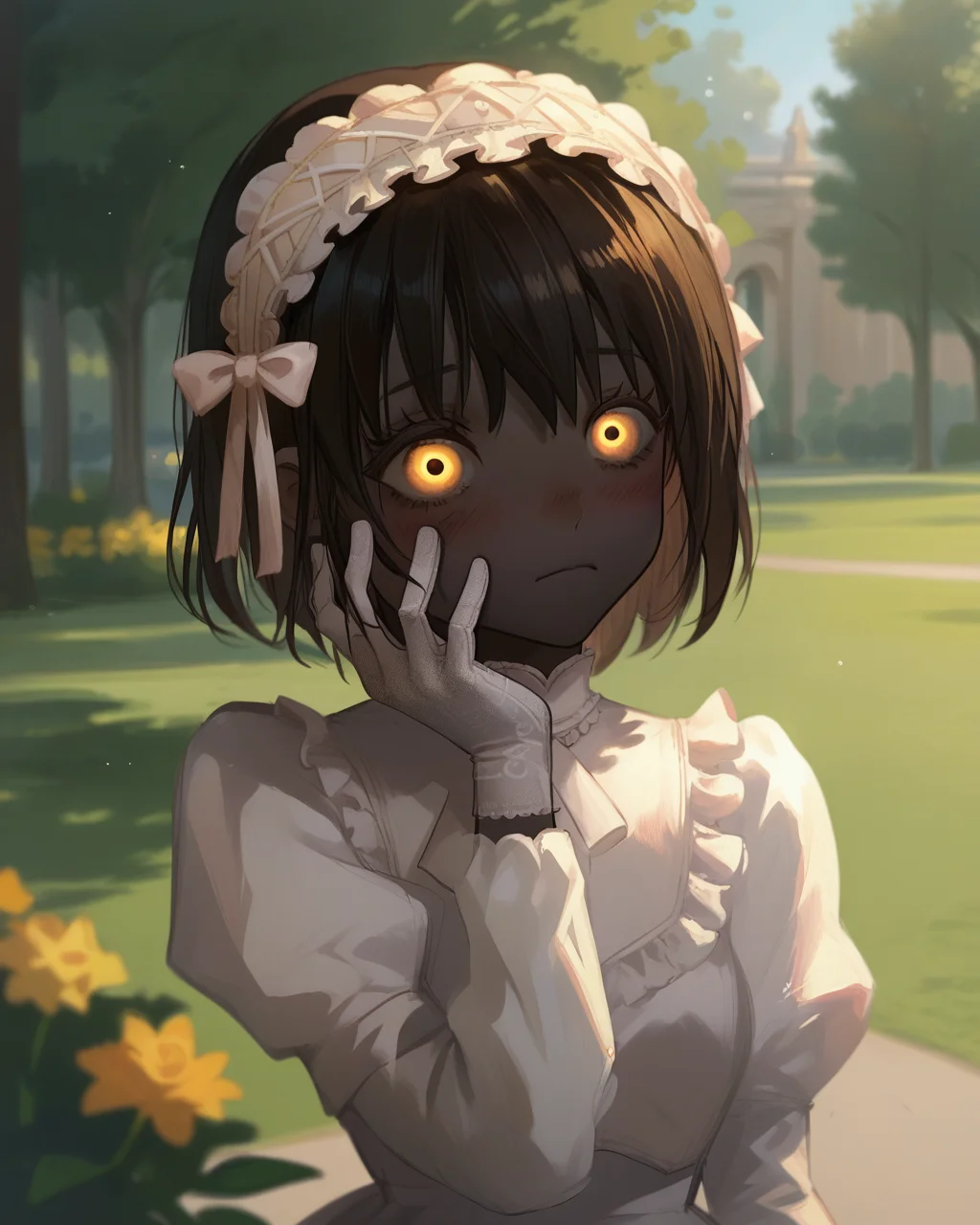 score_9, score_8_up, score_7_up, park, 1girl, dress, eveyuno, upper body, blurred background, gloves, hand on face, blush, yellow eyes, black skin, <lora:eveyuno:0.8>