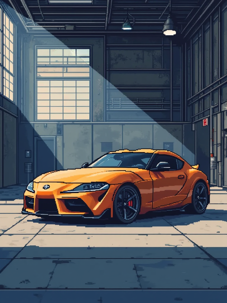 A pixel art illustration of an orange Toyota Supra in an empty warehouse. Sunlight filters in through the large windows.<lora:General Flux\pixel-art-rooms.safetensors:0.9:1.0>