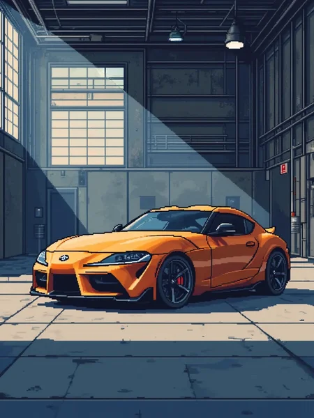 A pixel art illustration of an orange Toyota Supra in an empty warehouse. Sunlight filters in through the large windows.<lora:General Flux\pixel-art-rooms.safetensors:0.9:1.0>