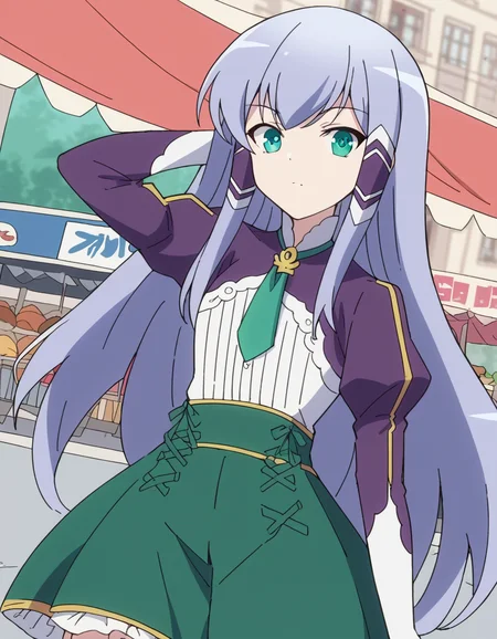 score_9, score_8_up, score_7_up, source_anime, <lora:elze-silhoueska-s2-ponyxl-lora-nochekaiser:1>, elze silhoueska, long hair, blue eyes, green eyes, blue hair, aqua eyes, hair tubes,, skirt, thighhighs, white thighhighs, puffy sleeves, white shirt, necktie, green necktie, purple sleeves, green skirt, frilled skirt, street market, vendor, street food, bustling crowd, local flavor, vibrant, , hand behind head, , looking at viewer, solo,, dutch angle, cowboy shot