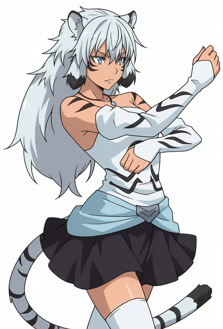 Smooth Quality,masterpiece,very intricate, high quality details, ultra realistic, high detailed skin,detailed enviorement,absurdres,
simple background, white background,solo,
dynamic angle,dancing, 
serious,
 <lora:Suphia_CNR_r1:0.8> suphia_cnr, 1girl,long hair, grey hair, blue eyes,dark-skinned female, facial mark,tiger ears, tiger tail, fang,monster girl,suphia_def,white thighhighs, zettai ryouiki,elbow gloves,detached sleeves, black skirt, clothes around,waist,necklace,