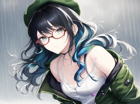 1girl, bangs, bare shoulders, beret, black hair, black shorts, blue hair, bracelet, breasts, buttons, colored inner hair, double-breasted, eyewear removed, green headwear, green jacket, grey eyes, grey sky, hat, jacket, jewelry, long hair, looking at viewer, multicolored hair, neck ring, o-ring, off shoulder, rain, round eyewear, shorts, sidelocks, small breasts, solo, sunglasses, wavy hair, wet, zipper,
(anime, waifu, exceptional, best aesthetic, new, newest, best quality, masterpiece:1.2), <lora:NovelAILora:1>