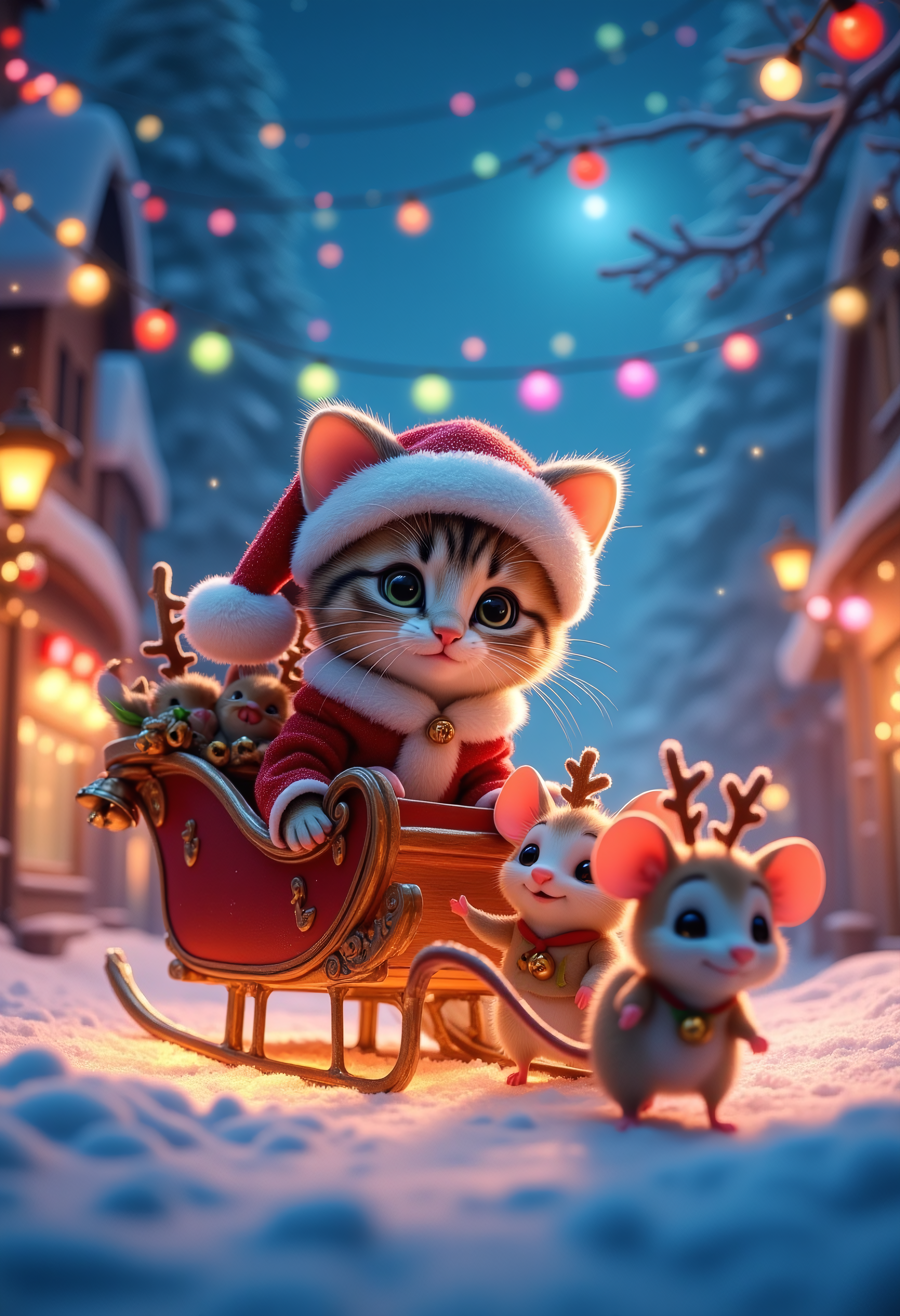 Disney Pixar Style, A cute kitten dressed as Santa rim lit riding on a sleigh being pulled by 6 cute little mice wearing antlers and sleigh bells through a snow covered village on a beautiful night, Christmas light colorful bokeh background, colorful, sharp, epic, Vibrant Glow