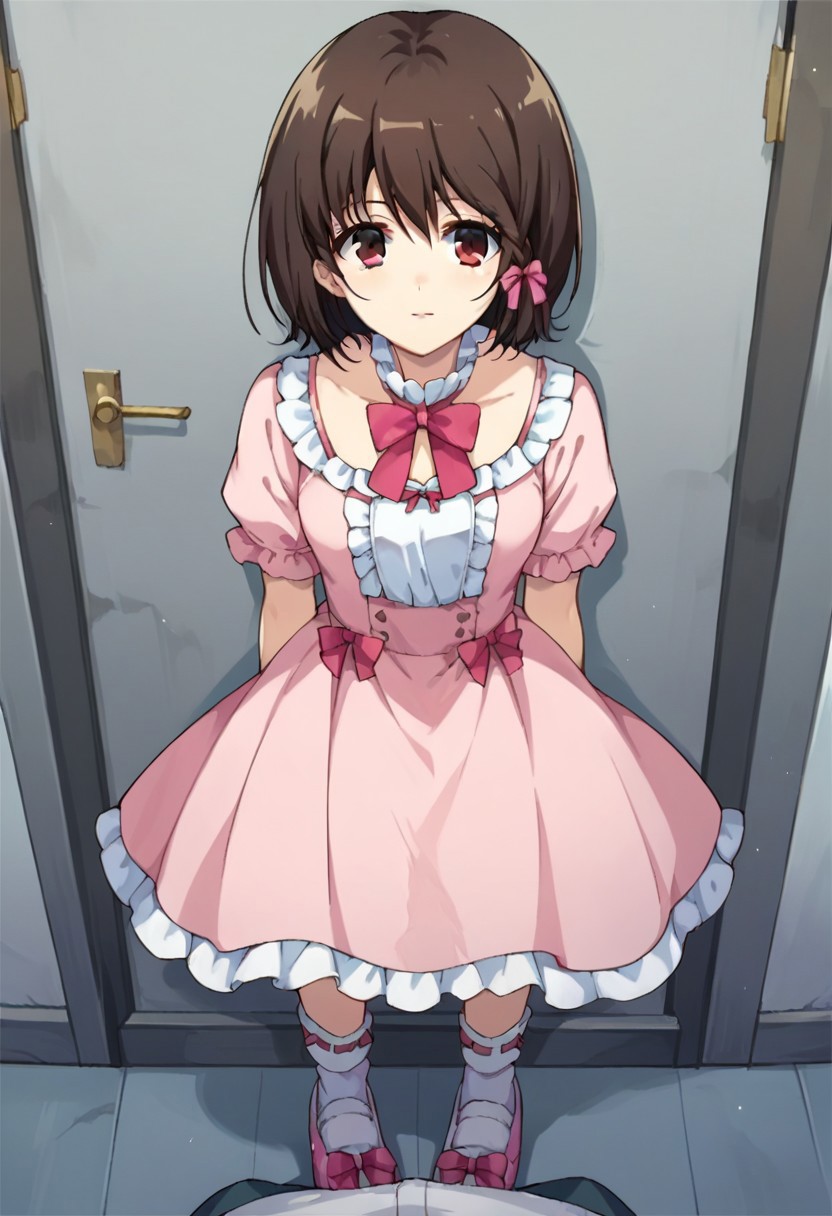 score_9, score_8_up, score_7_up, source_anime, fujiokamisaki, shoes, hair ribbon, pink bow, socks, pink dress, pov, dark, solo focus, ribbon