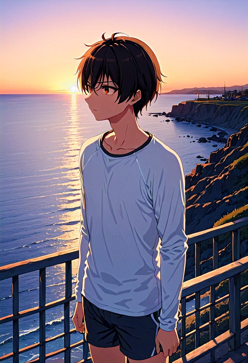 high resolution, solo, best quality, 1Boy, Seiya Kanie, Black Hair, Short Hair, Thin, Brown Eyes, Enjoying a sunset, horizon, beauty, calm, raglan, long sleeve t-shirt, shorts,