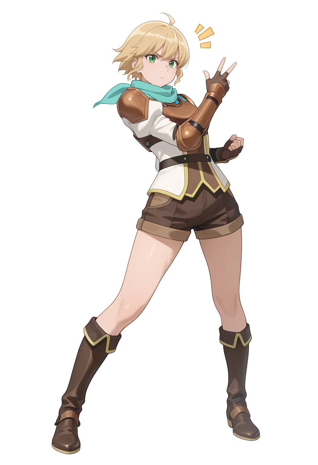 Smooth Quality,masterpiece,very intricate, high quality details, ultra realistic, high detailed skin,
simple background, white background,
dynamic angle,0 0,w,standing pose, arms akimbo, feet slightly apart, determined expression, balanced posture,  ,
 <lora:Rembrandt_Yunocnn:0.8> rembrandtyuno/cnn, blonde hair, solo, green eyes,1girl,aqua scarf, 
armor, shorts,boots,