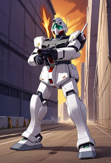 score_9, score_8_up, score_7_up, source_anime, cowboy shot, front view, BREAK, ( midnight blue color scheme, rgm-79_gm, looking up and to the side, rifle, beam saber on back, aiming up and to the side, standing, firing submachine gun, muzzle flare, ) 1mech, mech focus, solo, BREAK, asteroid base, nighttime, buildings, pylons,